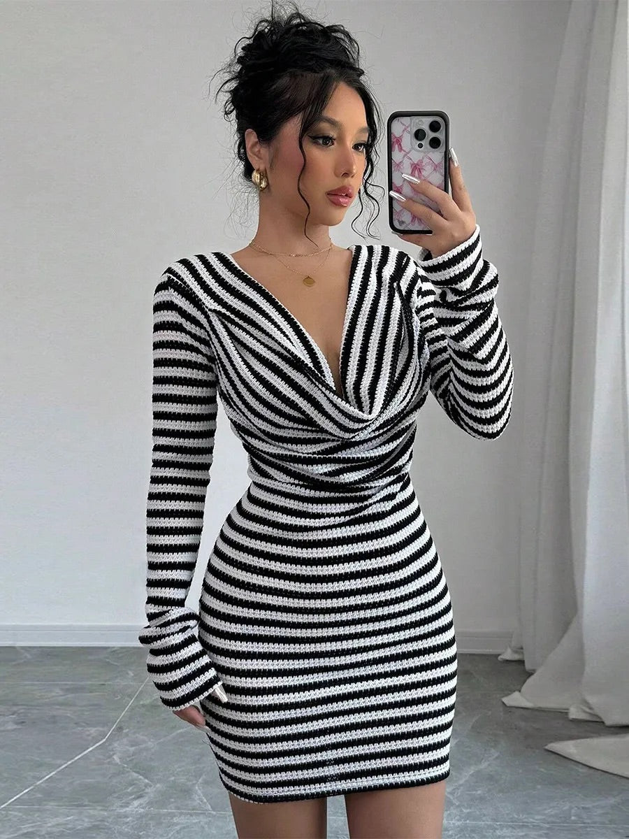 Cowl Neck Bodycon Stripe Dress