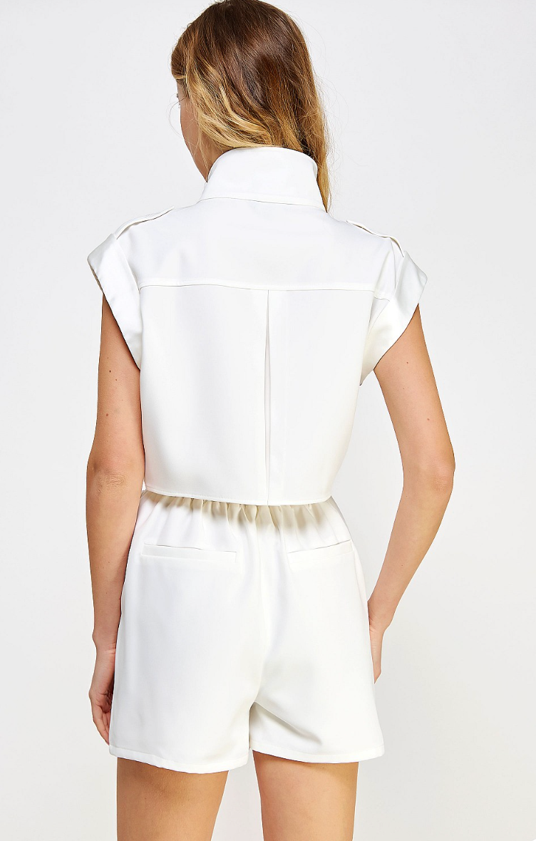 Satin Off White Mock Neck Romper