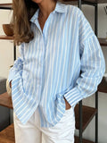 Elegant Blue Stripe Long Sleeve Blouse