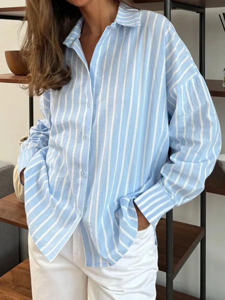 Elegant Blue Stripe Long Sleeve Blouse