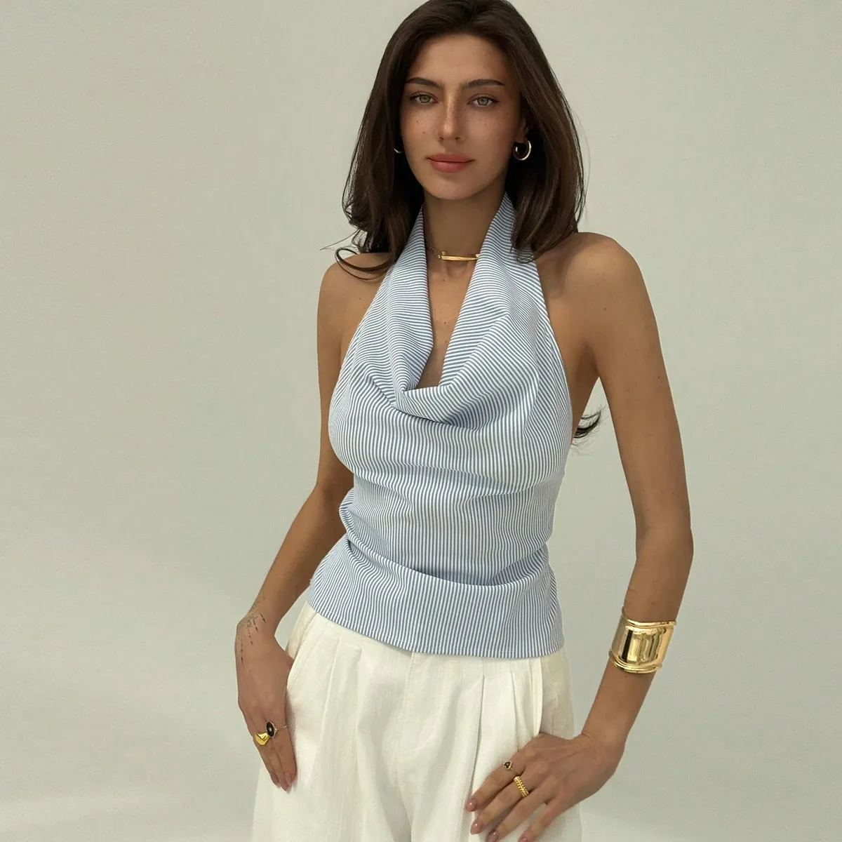 Fashion Blue Stripe Halter Top