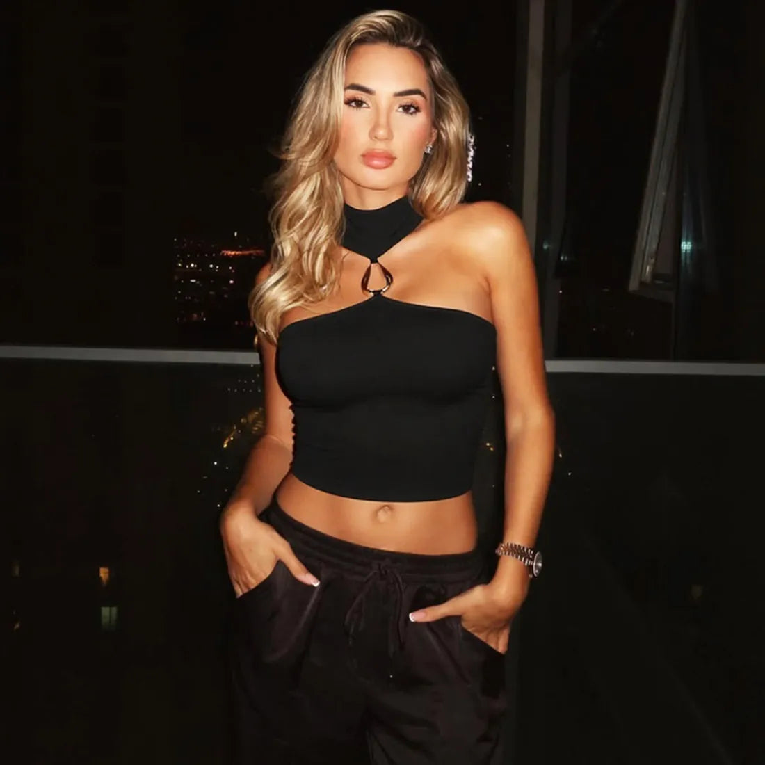 Black High Neck Halter Crop Top